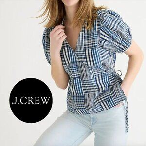 J.CREW Puff-sleeve wrap top in indigo patchwork M NWT